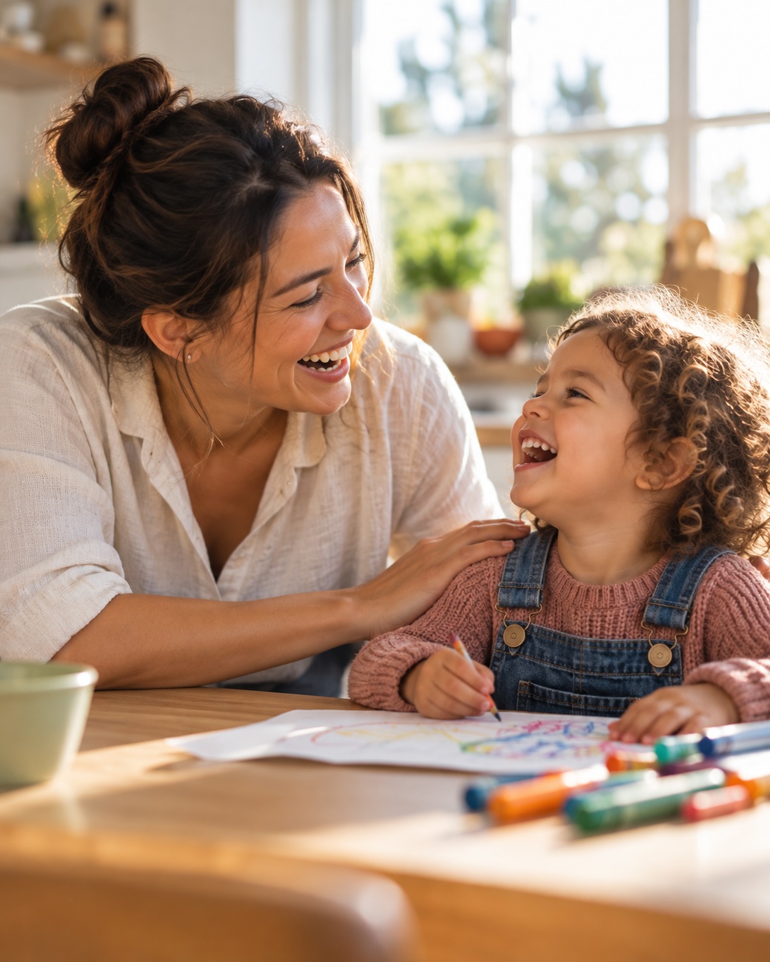 A mother and her small daughter laughing while drawing at a kitchen table