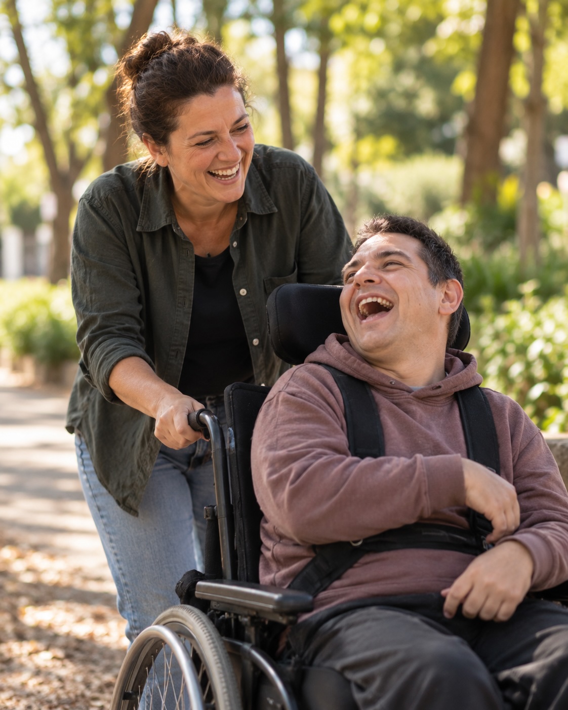 A carer laughing with a young man in a wheelchair on a garden path